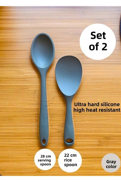 BRE HOME Set of 2 Silicone Spoons Gray | Fireproof Non-Stick Heat Resistant | Serving Pilaf Spoon 28 cm - 22 cm