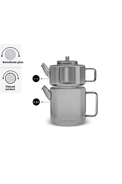 Karaca إبريق شاي متوسط الحجم باللون الرمادي الدخاني من زجاج البورسليكات - مسطح