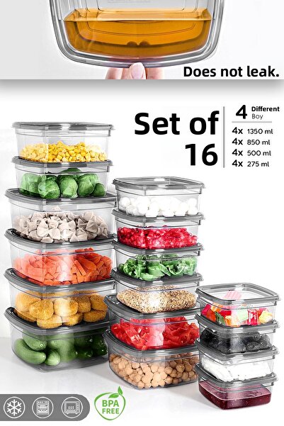 Meleni Home Set of 16 Anthracite Colored Square Storage Containers - Organizer Food Container 4X(275-500-850-1350)Ml
