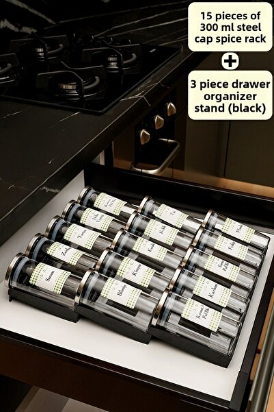 color house 15 قطعة بوروسيليكات للتوابل مع أغطية فولاذية سعة 300 مل - حامل برطمان أسود مزدوج