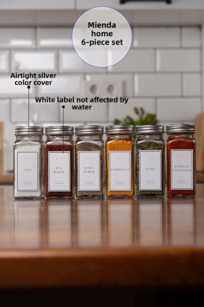 EVLE Set of 6 Glass Spice Jars with Silver Lid and White Label Spice Jar