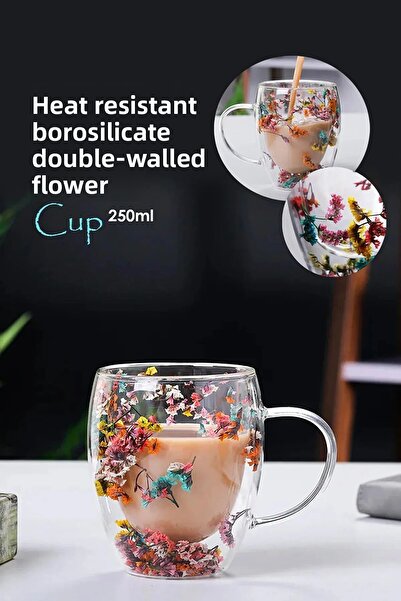 STLIFE Dried Flower Cup Glass Double Walled Borosilicate Glass Cup Mug Cup Gift for Lover