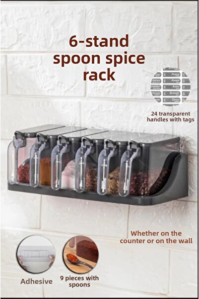 Hayveys طقم توابل أسود مكون من 6 قطع مع ملعقة وحامل - مثبت على الحائط