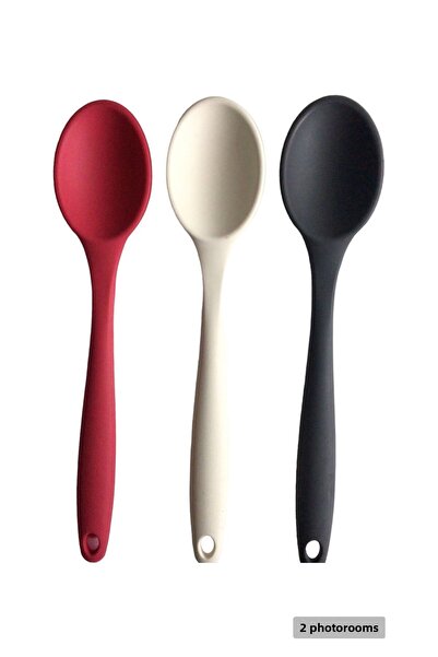 PİNK ROSE مجموعة ملاعق كبيرة الحجم من السيليكون المقاوم للحريق وغير قابلة للالتصاق مكونة من 3 قطع، أبيض + أحمر + لون أنثراسايت 3 قطع