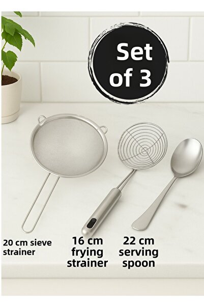BRE HOME طقم مطبخ ستانلس ستيل مكون من 3 قطع – مصفاة 20 سم، مصفاة قلي، ملعقة ت...