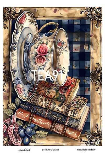 LİNEART شاي، كوب، كتب، زهور نمط الشاي سلسلة ورق ديكوباج نحاسي 29X42 سم رقم: T...