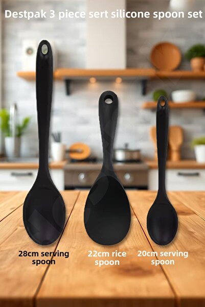 Destpak طقم ملاعق سيليكون صلب مكون من 3 قطع - غير قابل للخدش، مقاوم للحريق، آمن للطعام - ملعقة تقديم وطهي - قوية