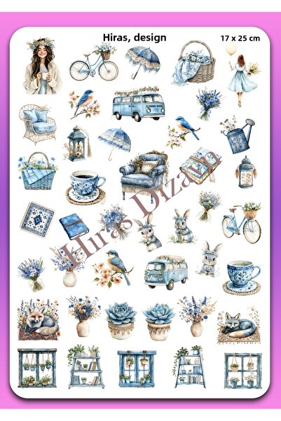 Hiras Dizayn 17x25 سنتيمتر حجم كبير الأزرق الزهور الربيع التسمية ملصق ورقة 45...