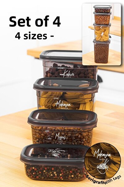 Vienev Set of 4 Peggy Rectangular Storage Containers with White Screen Printing Label 1x(1500-1150-800-400 Ml) Anthracite