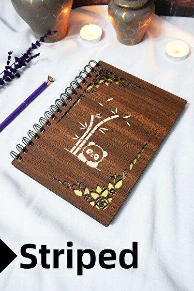 markcat Panda Wooden Cover Spiral School Notebook - Lined Notebook - 60 Sheets (120 Pages) - A5 15X21 cm