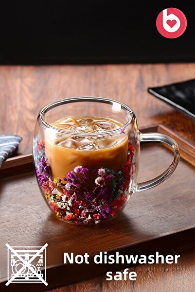 bizimevde كوب زجاجي مزدوج الجدار سعة 250 مل بمقبض - مزين بالزهور