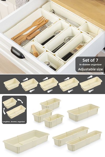 Meleni Home Set de 7 bucăți de tacâmuri reglabile - Organizator modular în sertar extensibil Organizator de bucătărie Bej