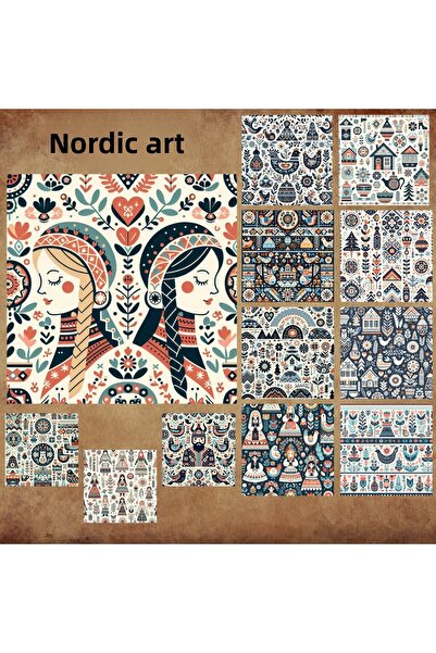 Pink Swan Craft Artă populară în stil nordic vintage - Set de autocolante cu ...