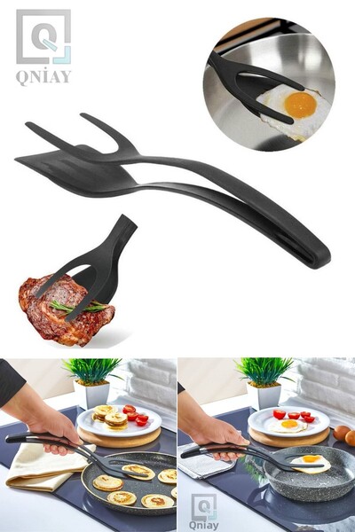 QNİAY Spatula with Tongs Meatball Chicken Fish Meat Egg Crepe Spatula Spatula with Teflon Tongs