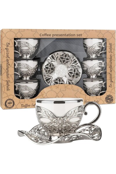 KT HOME Turkish Coffee Presentation Set of 6 - Metal and Porcelain Cup, Silver Color Bşramdl1