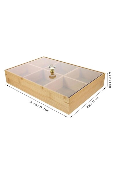 Qerhome 6 Compartments Bamboo Snack Bowl with Clear Acrylic Lid Breakfast Presentation Storage Box Kitchen Organizer