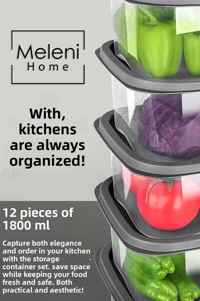 Meleni Home 12Pcs Square Food Preservation Container - 1800ml Anthracite, Microwave Deep Freezer