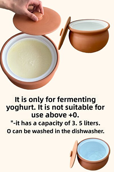 AdenArtpottery Glazed Natural Clay Lid Yogurt Fermentation Pot Medium Size 3.5 Liters