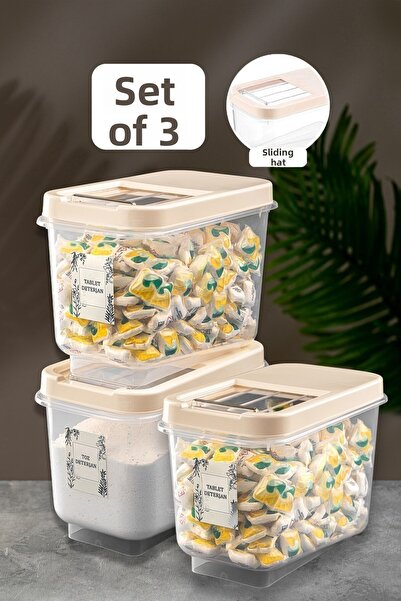 Meleni Home 3 Pack 10 Lt Tablet Detergent Storage Box with Sliding Lid - Labeled Detergent Storage Container Cream