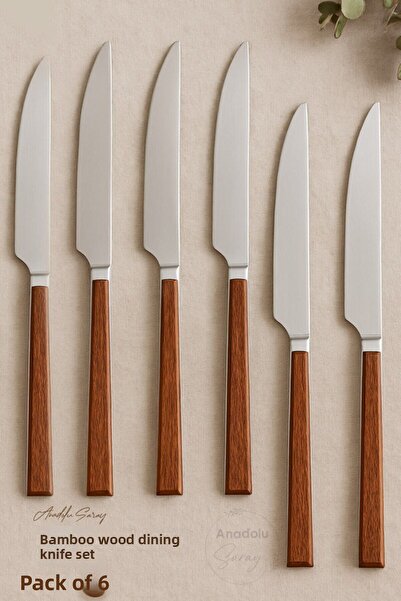 Anadolu Saray 6 Pieces Wooden Bamboo Look Plastic Detailed Dinner Knife Set | 6 Piece Luxury Dinner Knife Set