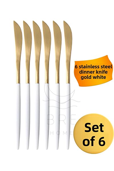BRE HOME 6Pcs Stainless Steel Gold White Handle Dinner Knife Round Mouth