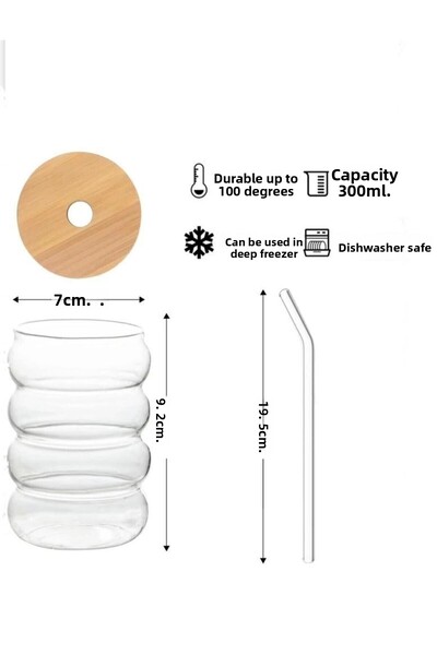 Yenigeldi 2 Pieces Heat Resistant Glass Straw Wooden Lid Striped Knuckle Cup Coffee Juice Cup