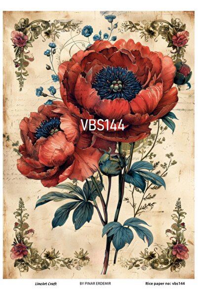 LİNEART Vbs144 Model Navy Blue Flower and Poppy Patterned Brass Decopage - 30...