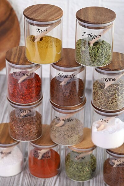 Atbyhome Acacia Silicone Lid Borosilicate Glass Spice Jar - 200 ml Spice Set Label