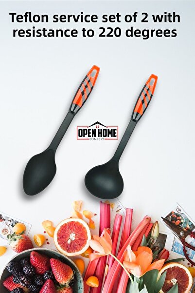 Open Home Concept Red 220° Durable Teflon Spoon and Ladle Serving Set - Fireproof and Non-Stick