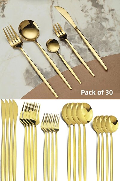 STLIFE 30 Piece Gold Serving Set Stainless Steel Titanium Gold Cutlery Set Fork Spoon Knife Spoon Set Presentation Dowry