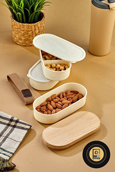 QNİAY 3 Pieces Wooden Lid 500ml Storage Paper 3-Piece Ecru Plastic