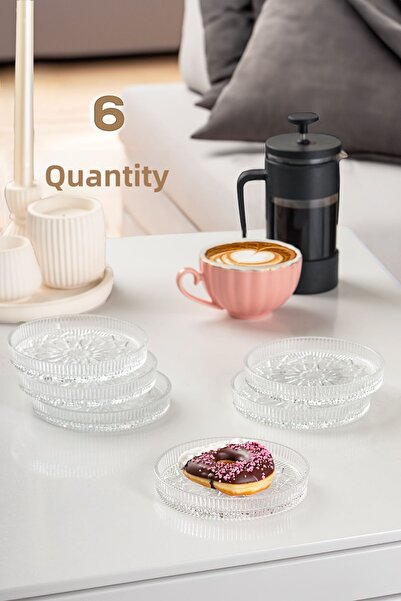 teknotrust 6 Pieces Dream Patterned Upright Plate - 6-Piece Glass Presentation Dish Cake Cookie Cake Treat Serving Plate - 12 Cm Cl