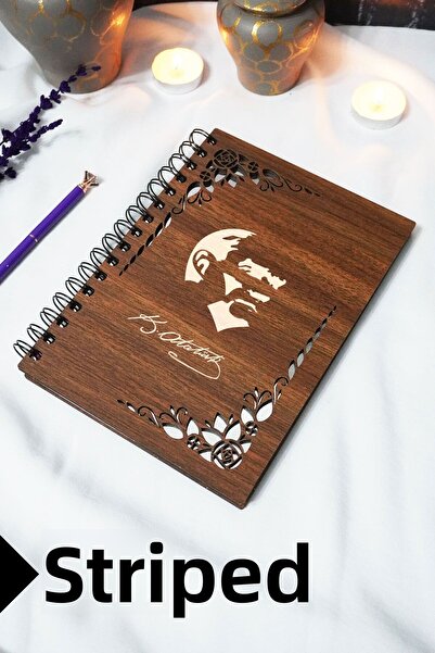 markcat دفتر مصطفى كمال أتاتورك بغطاء خشبي - دفتر مسطر - 60 ورقة (120 صفحة) -...