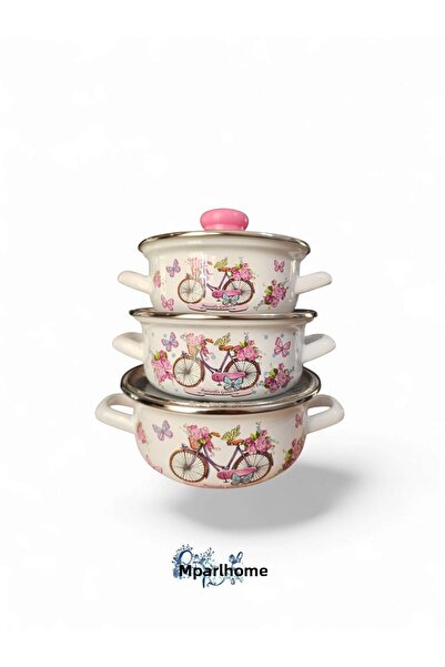Emparlahome Enamel 3-Piece Cooking and Storage Pot Set (12Cm-14Cm-16Cm) Pink Patterned