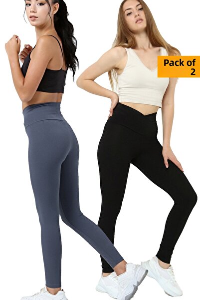 VOSSAX 2-Piece Leggings Ribbed High Waist Recovery Sports Leggings Cross Waist Detailed Indigo Black