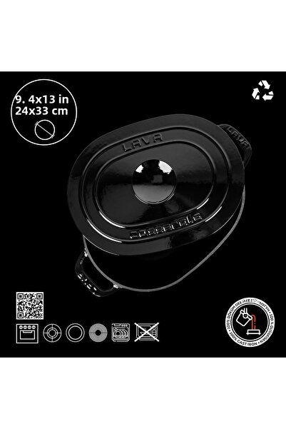 Lava Cast Oval Pot with Iron Lid - Experience Series, Size 24X33Cm