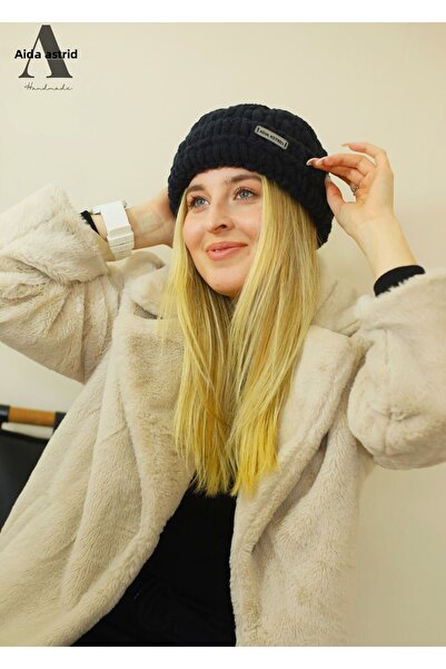 AidaAstrid Beretă de iarnă, tricotată manual, pălărie neagră, beretă umflată,...