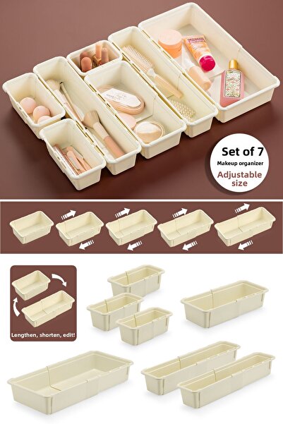 Meleni Home 7 Piece Expandable Makeup Organizer - Adjustable Modular Drawer Inside Jewelry Accessories Organizer