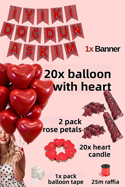 Baloncu Dede 20 Red Heart Balloons 20 Candles Rose Happy Birthday My Love Written Banner Helium Compatible Valentine's Day