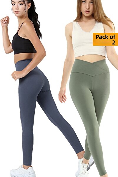 VOSSAX 2-Piece Leggings Ribbed High Waist Recovery Sports Leggings Cross Waist Detailed Indigo + Khaki