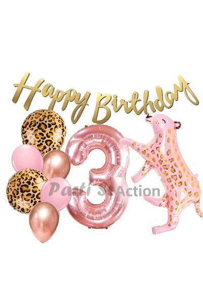 Parti Station Pink Leopard 3 Year Old Balloon Set Safari Leopard Birthday Par...