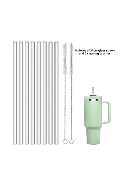 CAMGEN 8 Pieces Glass Straw + 2 Pieces Brush 10 mm Diameter 310 mm Length Thermoses Compatible
