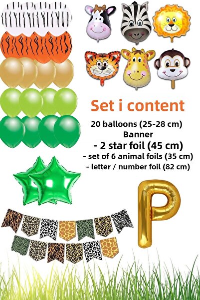 Patladı Gitti Safari Concept P Letter Birthday Party Celebration Set; Letter and Star Foil, Banner and Balloon Chain