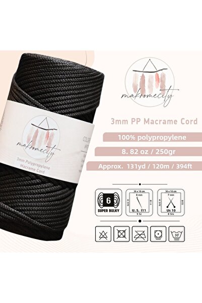Makromecity Προϊόν 250 γρ 3mm Πολυεστερικό Μακραμέ Μαλλάκι Μαύρο 120 Μ Σουπλά Νήμα και Νήμα Τσάντας