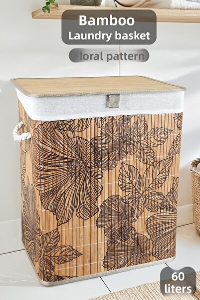 Meleni Home Πτυσσόμενο καλάθι ρούχων από μπαμπού με σχέδια - Ορθογώνιο καλάθι...