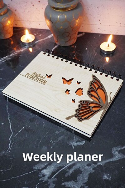 markcat دفتر خطة غير مؤقت مع شكل فراشة خشبية - مخطط أسبوعي غير مؤرخ - A5