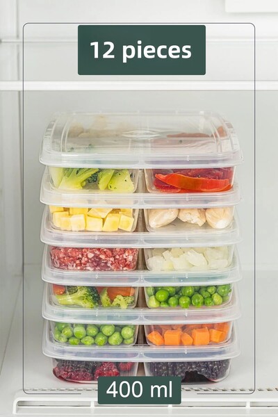 KRM HOME 400 ml Mini Frozen Storage Container - 12 Pieces, 4 Compartments, Meat and Vegetable Organizer