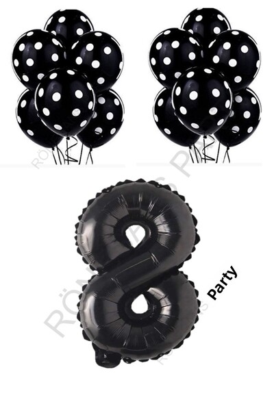 RÖNESANS PARTİ Black Number and Black and White Polka Dot Balloon Set Age 8