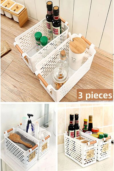 Bayev 3 Pieces White Wooden Color Plastic Handle Organizer Basket Bread Bowl Vegetable Fruit Basket