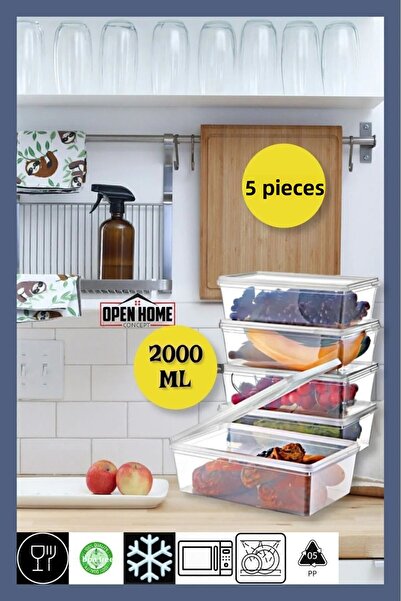 Open Home Concept 5 Self-Covered Storage Containers Suitable for Deep Freezer 2 Lt